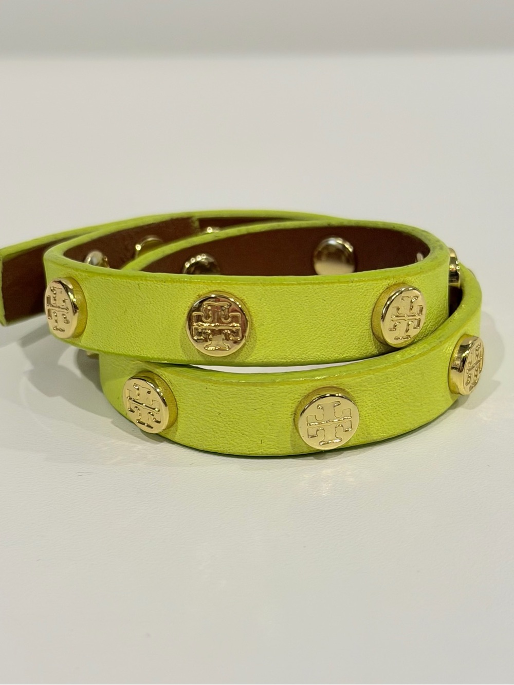 Tory Burch Neon Lime Double-Wrap Bracelet with Gold Medallions